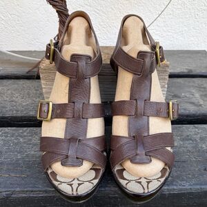 Coach Jaime brown leather platform buckle strappy heeled sandals 10B